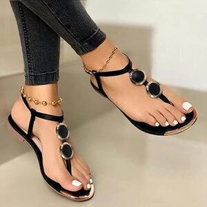 Sandals Shoes Open Casual Flats Summer Toe Flops Buckle Black Size 9US / 40CN